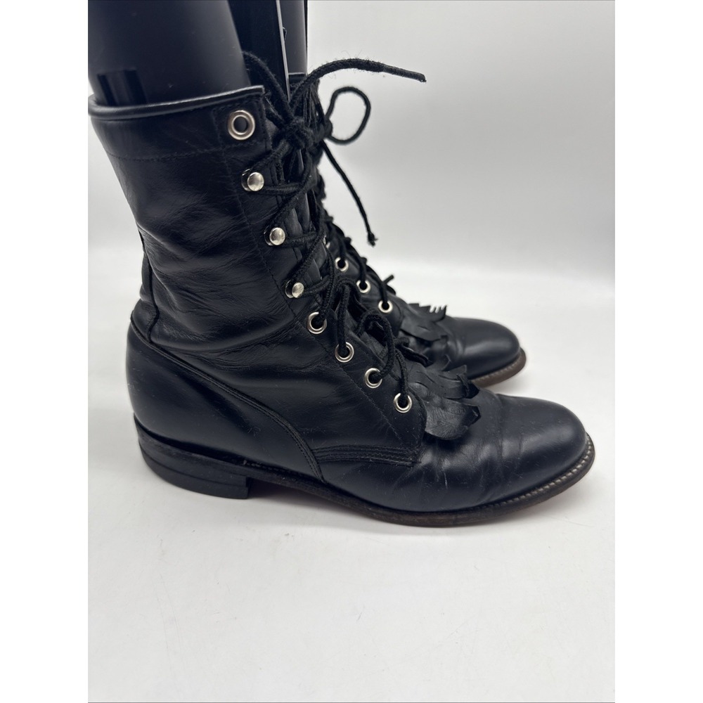 Vtg Justin Boots Womens 6.5B Black Leather Lace Up Combat Fringe Kiltie USA - Picture 9 of 15